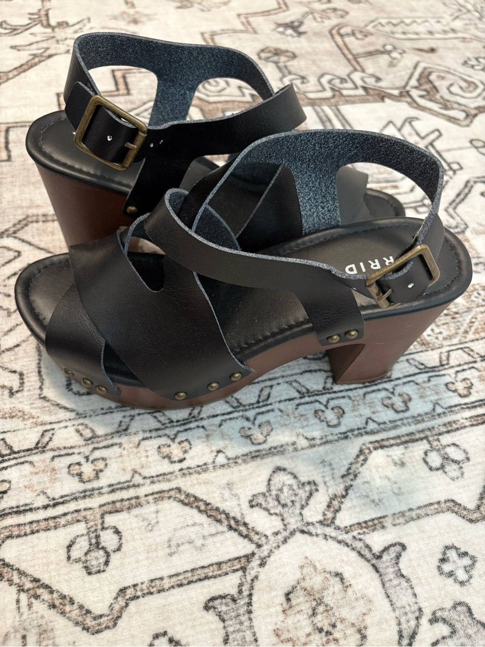torrid Black Faux Leather Platform Sandals with Brown Wood-Effect Heel - Picture 3 of 9